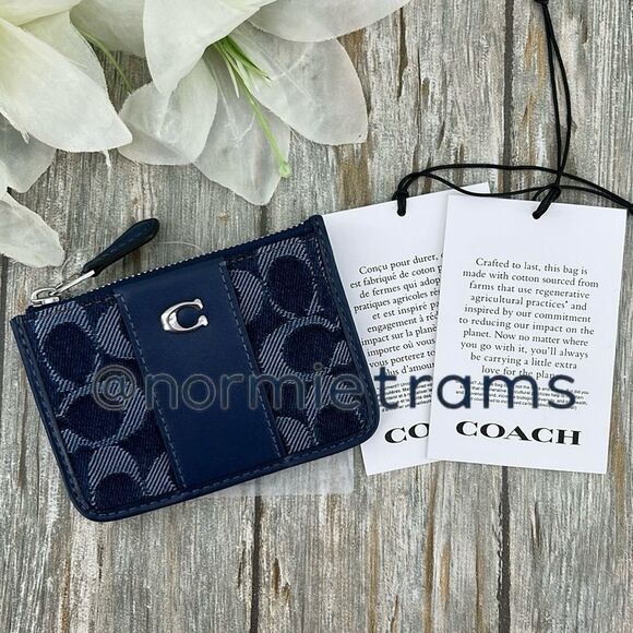 Coach Mini ID Card Case in Signature Denim & Leather Wallet Bag Purse - Picture 1 of 9